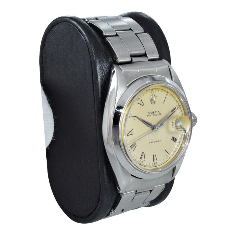 Rolex Steel Oysterdate with Rare: Rolex Steel Oysterdate with Rare Original Dial and Riveted Bracelet, circa 1956 Brand: Rolex Case Material: Stainless Steel Movement: Automatic Style: Art Deco Place of Origin: Switzerland Period: