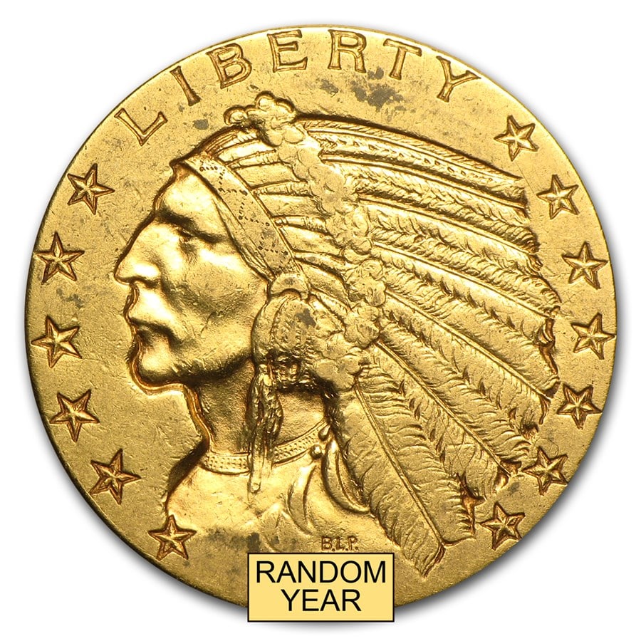 $5 Indian Gold Half Eagle: $5 Indian Gold Half Eagle XF (Random Year) SKU no: RBJ7229 Year: Random Grade: Extra Fine Grade Service: None Denomination: $5.00 Mint Mark: Varies Metal Content: 0.2419 troy oz