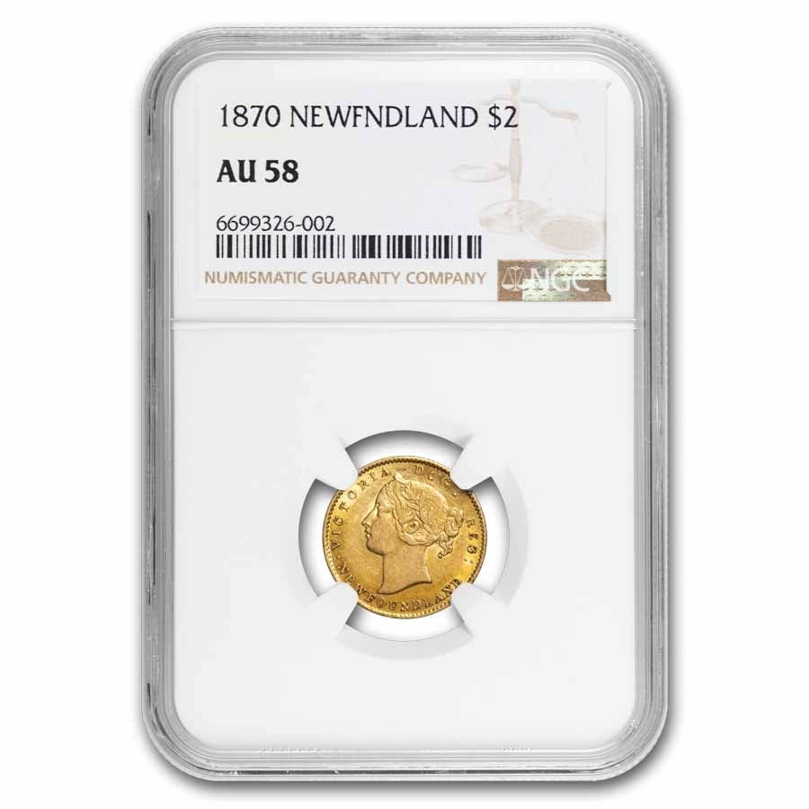 1870 Newfoundland Gold $2.00 AU-58: 1870 Newfoundland Gold $2.00 AU-58 NGC SKU no: RBJ297614 Year: 1870 Grade Service: NGC Denomination: 2 Dollars Metal Content: 0.0981 troy oz Purity: .917 Thickness: 1 mm Diameter