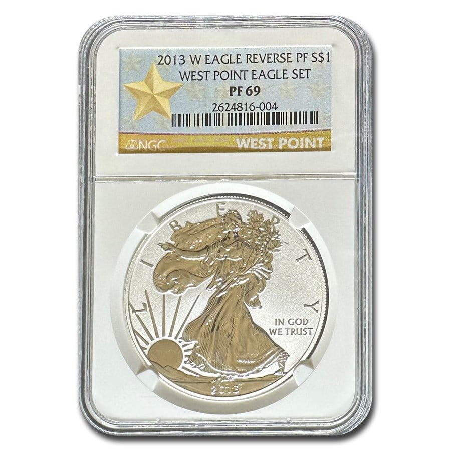 2013-W Reverse Proof American Silver: 2013-W Reverse Proof American Silver Eagle PF-69 NGC SKU no: RBJ81267 Year: 2013 Grade: Proof - 69 Grade Service: NGC Denomination: 1 Dollar Mint Mark: W - West Point Metal Content: 1 tro