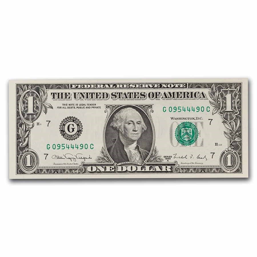 1988-A (G-Chicago) $1.00 FRN CU: 1988-A (G-Chicago) $1.00 FRN CU (Fr#1915-G) SKU no: RBJ18251 Year: 1988 Grade: (U) Crisp Unc Grade Service: None Denomination: 1 Dollar Mint Mark: G - Chicago Metal Content: 0 troy oz