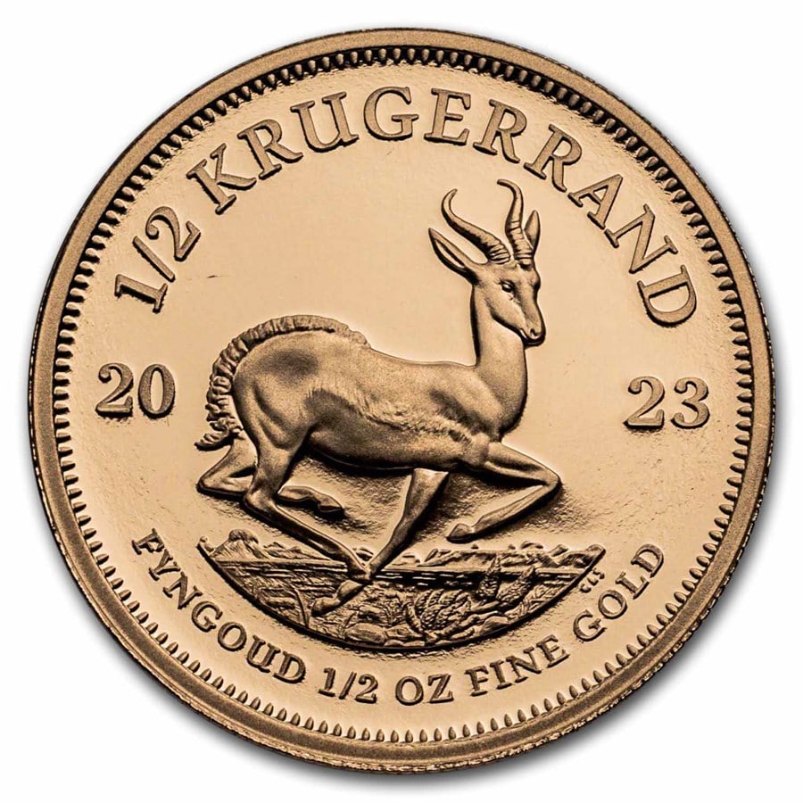 2023 South Africa 1/2 oz: 2023 South Africa 1/2 oz Proof Gold Krugerrand SKU no: RBJ263281 Year: 2023 Grade: Proof Grade Service: None Mint Mark: Not Shown Metal Content: 0.5 troy oz Purity: .9167 Thickne