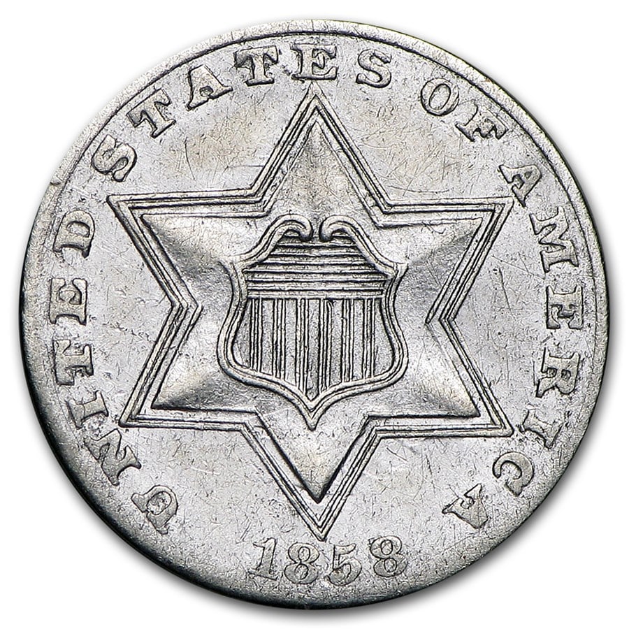 1858 Three Cent Silver XF: 1858 Three Cent Silver XF SKU no: RBJ16411 Year: 1858 Grade: Extra Fine Grade Service: None Denomination: 3 Cents Mint Mark: P - Philadelphia (Not Shown) Metal Content: 0.0193 troy oz