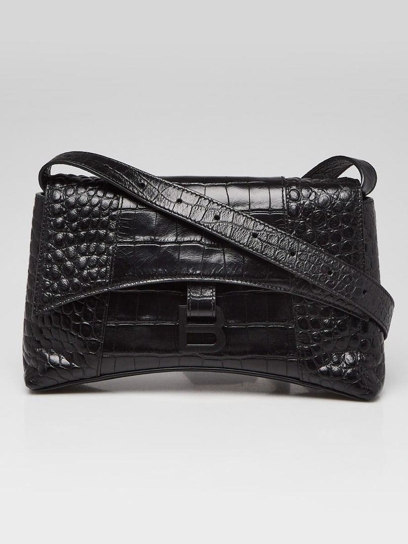 Balenciaga Black Croc Embossed Leather: Balenciaga Black Croc Embossed Leather Soft Hourglass XS Shoulder Bag SKU no. RBJ552331 Condition: Like new Exterior Condition: Gently used Interior Condition: Like new Designer: Balenciaga Materi