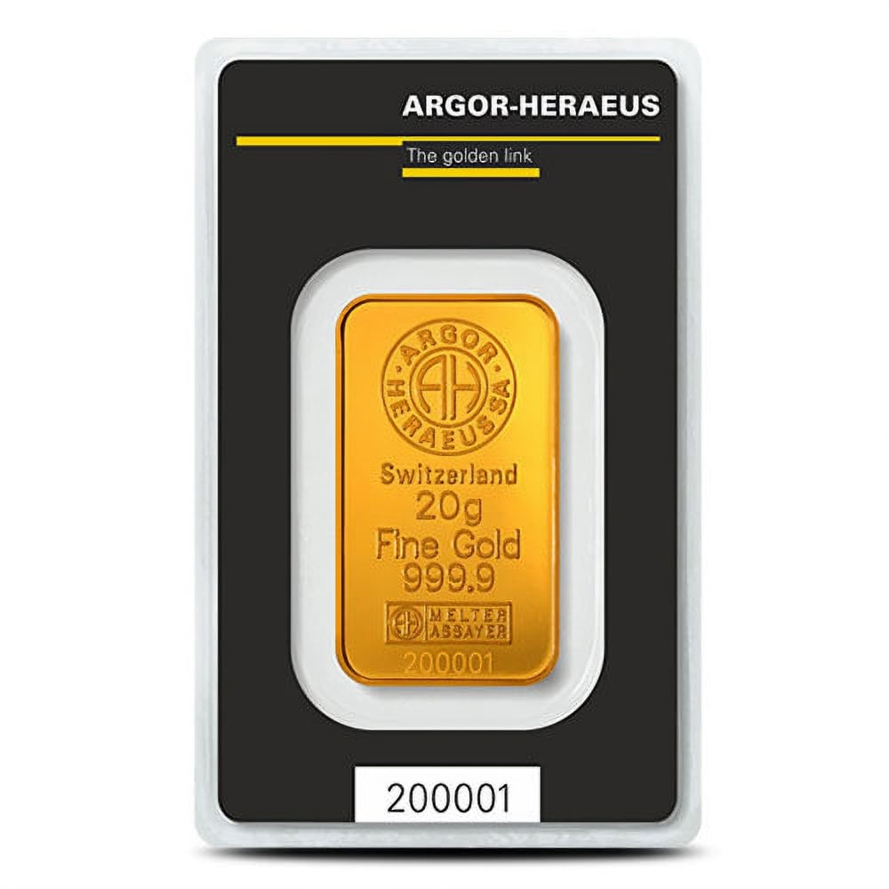 20 Gram Argor Heraeus Gold: 20 Gram Argor Heraeus Gold Bar (New w/ Assay) SKU no: RBJ3050310 Mint Mark: Not Shown Purity: .9999 Manufacturer: Argor-Heraeus Thickness: 1.3 mm Condition: New Edge Design: Smooth
