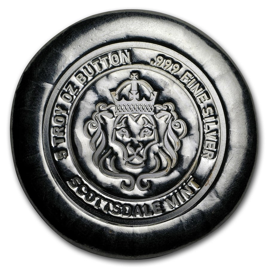 5 oz Hand Poured Silver: 5 oz Hand Poured Silver Button - Scottsdale SKU no: RBJ179985 Year: N/A Grade: None Grade Service: None Mint Mark: N/A - Not Available Metal Content: 5 troy oz Purity: .999 Thick