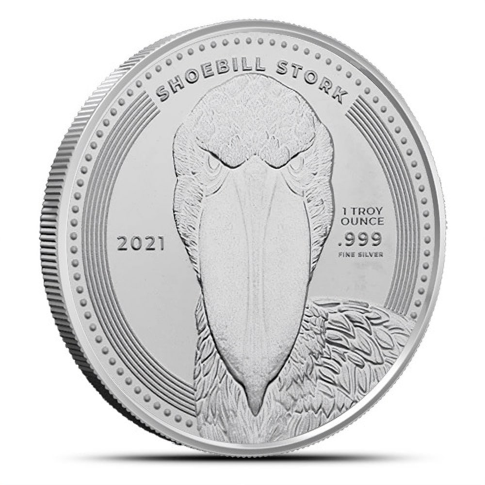 2021 1 oz Congo Silver: 2021 1 oz Congo Silver Shoebill Stork Coin (BU) SKU no: RBJ4585633 Year: 2021 Mint Mark: Not Shown Purity: .999 Manufacturer: Scottsdale Mint Diameter: 39 mm Inner Pack: 20 Condi