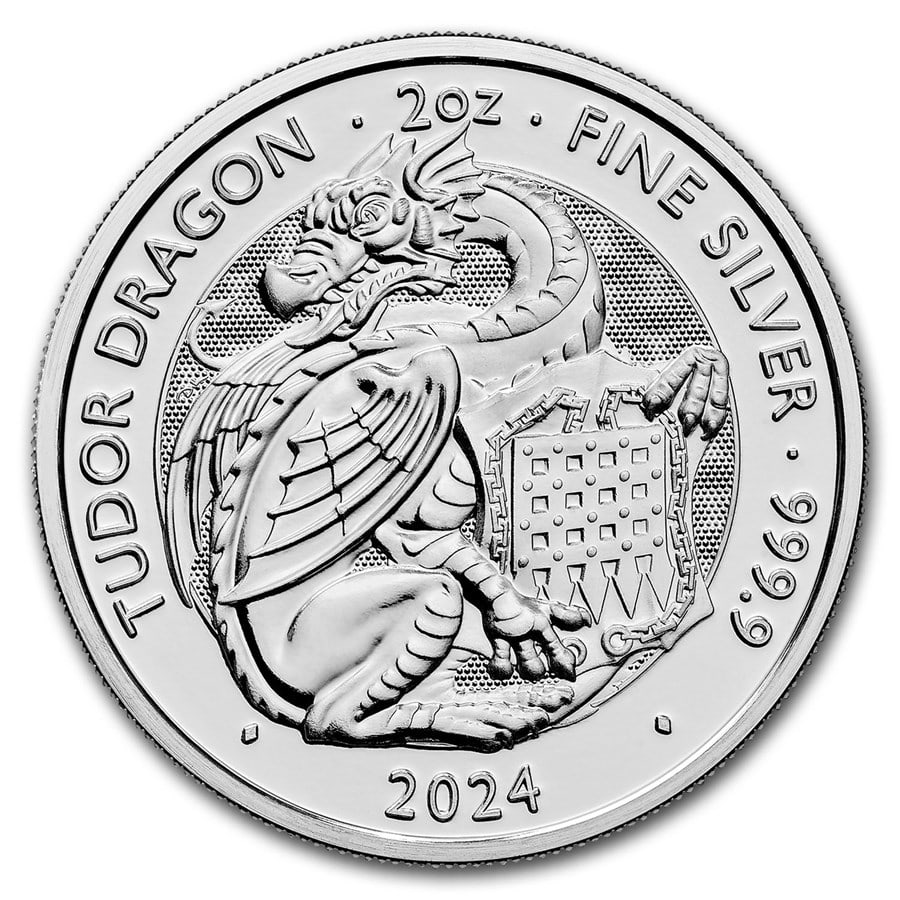 2024 GB 2 oz Silver: 2024 GB 2 oz Silver Royal Tudor Beasts Tudor Dragon BU SKU no: RBJ300339 Year: 2024 Grade: Brilliant Unc Grade Service: None Denomination: 5 Pounds Mint Mark: Not Shown Metal Content: 2 t