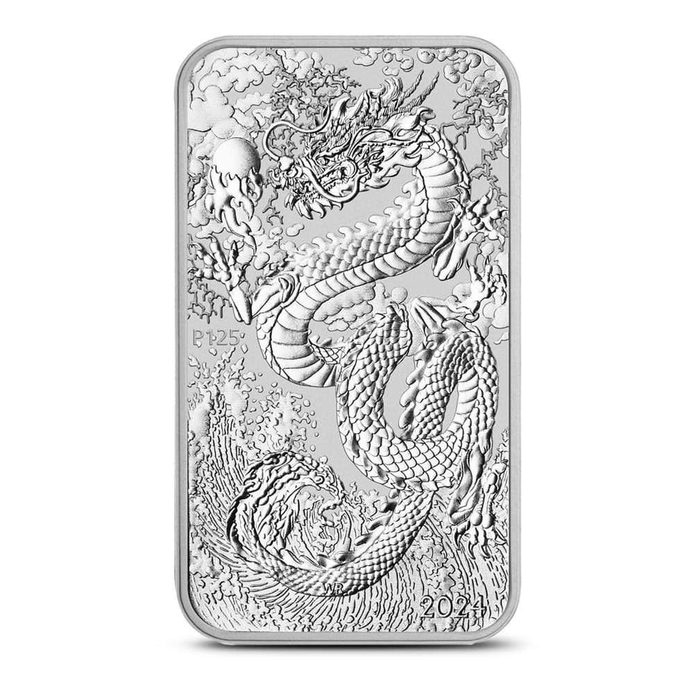 2024 1 oz Australian Rectangular: 2024 1 oz Australian Rectangular Silver Dragon Coin (BU) SKU no: RBJ6058468 Year: 2024 Mint Mark: P125 - Perth Mint Purity: 0.9999 Manufacturer: Perth Mint Thickness: 3.6 mm Inner Pack: 2