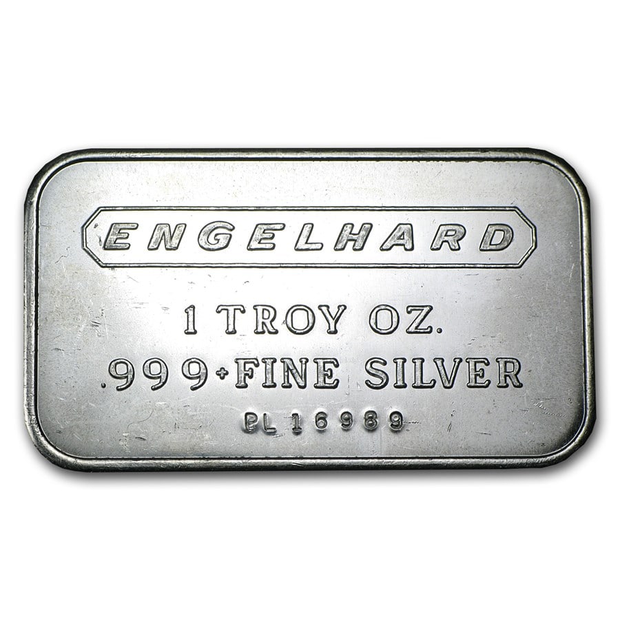 1 oz Silver Bar -: 1 oz Silver Bar - Engelhard (Wide Logo, 5-digit) SKU no: RBJ69694 Year: N/A Grade: None Grade Service: None Denomination: 1 oz Mint Mark: N/A - Not Available Metal Content: 1 troy oz