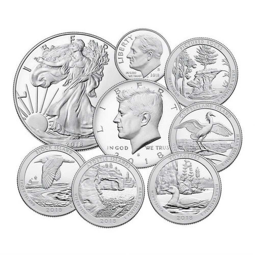 2018 US Mint Silver Proof: 2018 US Mint Silver Proof Set SKU no: RBJ3953211 Year: 2018 Mint Mark: S - San Francisco Purity: Varies Manufacturer: US Mint Thickness: Varies Diameter: Varies Condition: Proof