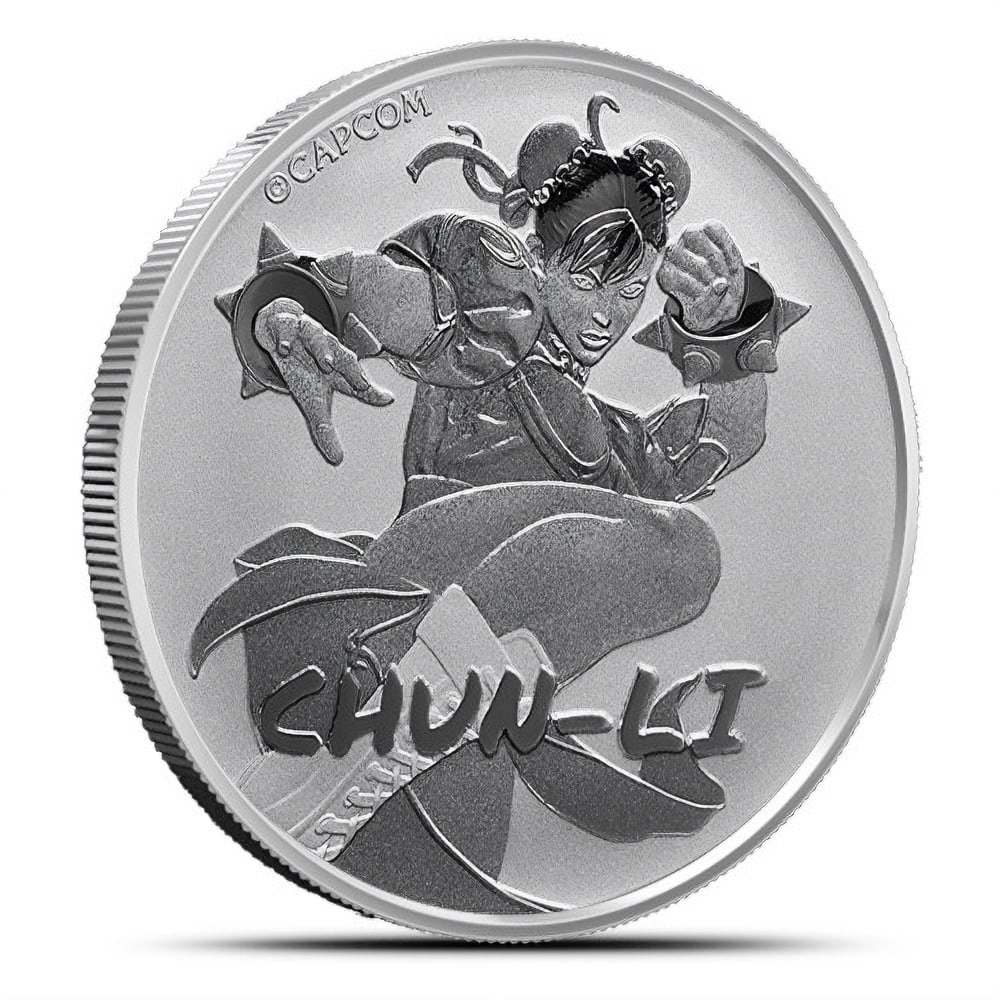 2022 1 oz Tuvalu Silver: 2022 1 oz Tuvalu Silver Street Fighter Chun Li Coin (BU) SKU no: RBJ4480324 Year: 2022 Mint Mark: P - Perth Mint Purity: .9999 Manufacturer: Perth Mint Thickness: 3.5 mm Diameter: 40.9 mm