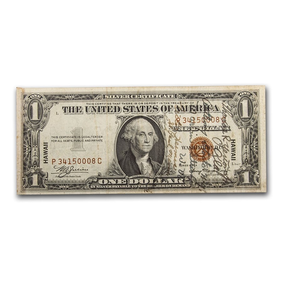 1935-A $1.00 Brown Seal Hawaii: 1935-A $1.00 Brown Seal Hawaii VG/VF (Fr#2300) Short Snorter SKU no: RBJ54111 Year: 1935 Grade: Very Good or Better Grade Service: None Denomination: 1 Dollar Mint Mark: N/A - Not Available