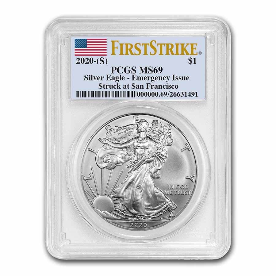 2020 (S) American Silver Eagle: 2020 (S) American Silver Eagle MS-69 PCGS (FirstStrike) SKU no: RBJ222039 Year: 2020 Grade: MS-69 Grade Service: PCGS Denomination: 1 Dollar Mint Mark: S - San Francisco (Not Shown) Metal