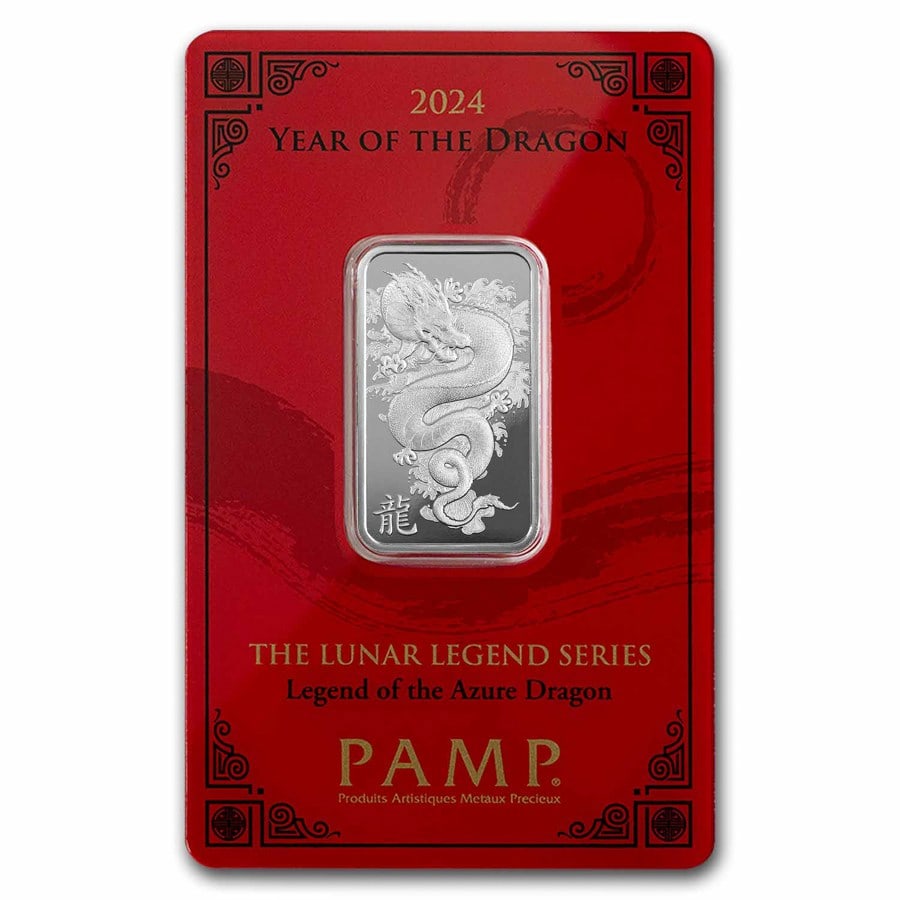 10 gram Silver Bar -: 10 gram Silver Bar - PAMP Legend of the Azure Dragon SKU no: RBJ293388 Year: 2024 Grade: None Grade Service: Assay Card Mint Mark: N/A - Not Available Metal Content: 0.3215 troy oz Purity