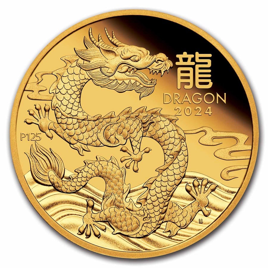 2024 Australia 1/10 oz Gold: 2024 Australia 1/10 oz Gold Lunar Dragon Proof (w/Box & COA) SKU no: RBJ285823 Year: 2024 Grade: Proof Grade Service: None Denomination: 15 Dollars Mint Mark: P - Perth Metal Content: 0.1