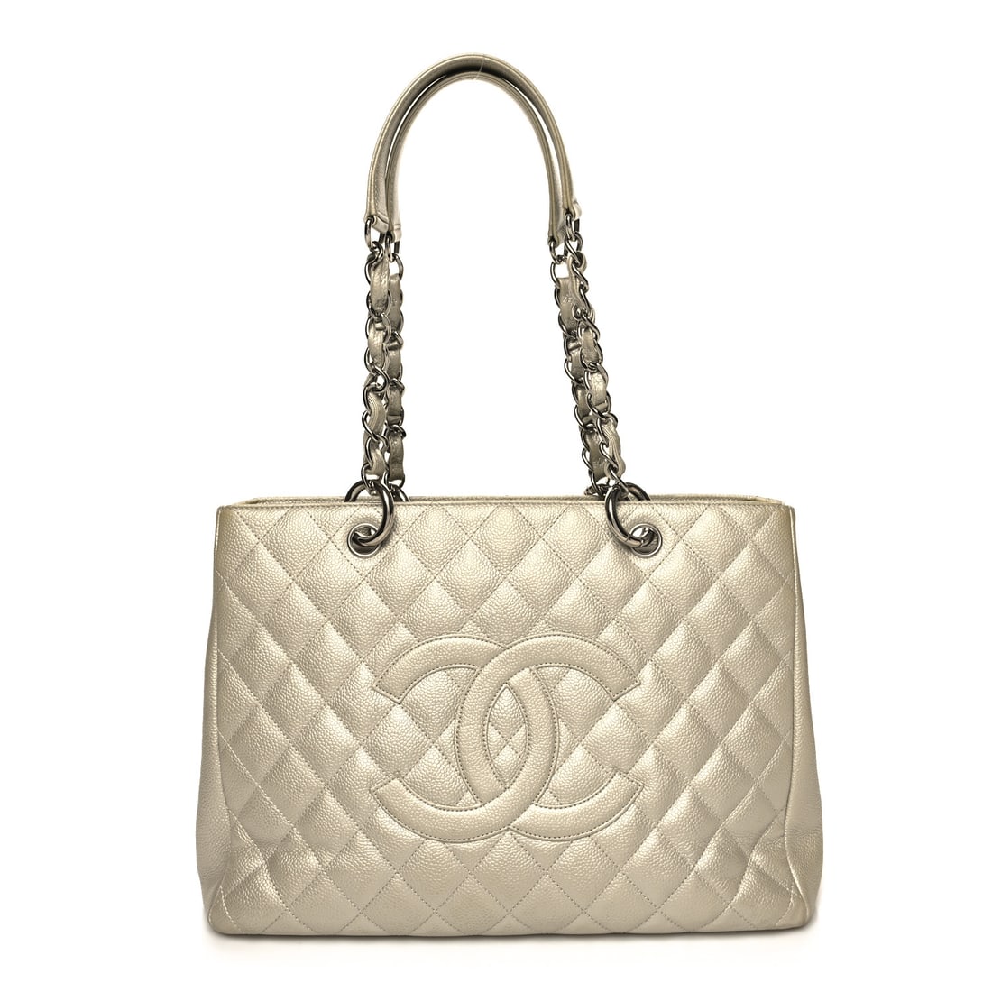 Chanel Metallic Caviar Quilted Grand: Chanel Metallic Caviar Quilted Grand Shopping Tote GST Pearl Brand: CHANEL Condition: Shows Wear Condition Details: Exterior: Corner wear, creases, edge wear, faint scuffs, Handle: Scuffs, Interior: D