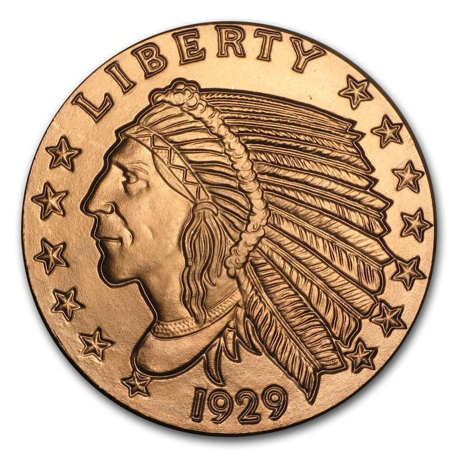 1 oz Copper Round -: 1 oz Copper Round - Incuse Indian SKU no: RBJ87386 Year: N/A Grade: None Grade Service: None Mint Mark: None Metal Content: 1 AVDP oz Purity: .999 Thickness: 3.3 mm Diam