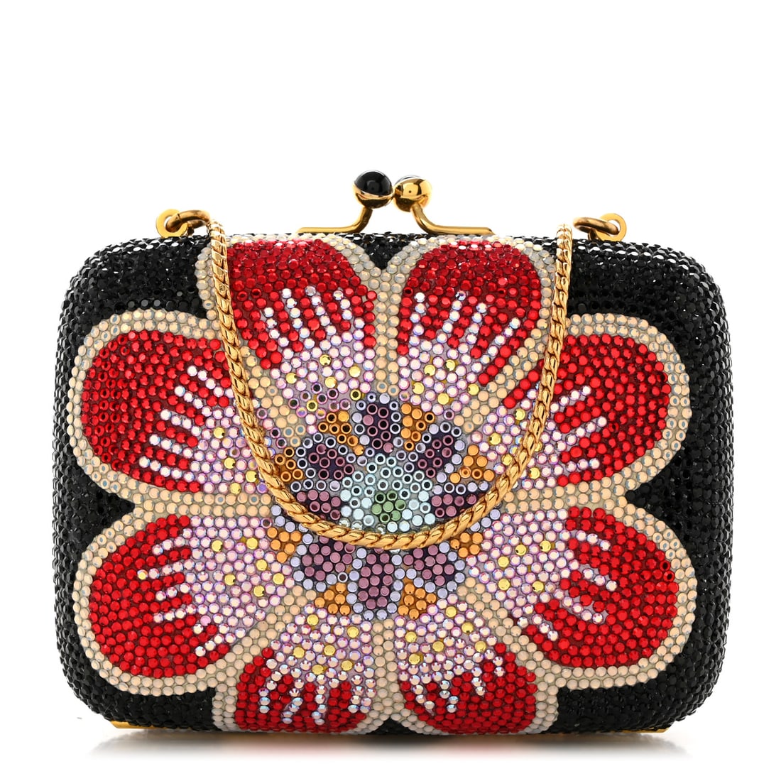 Judith Leiber Swarovski Crystal Floral: Judith Leiber Swarovski Crystal Floral Miniaudiere Clutch Brand: JUDITH LEIBER Condition: Shows Wear Condition Details: Exterior: Glue residue, surface wear, Interior: Scuffs, Hardware: Scratch(es), t