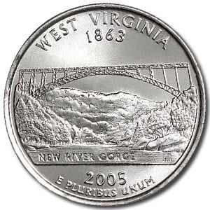 2005-P West Virginia State Quarter BU: 2005-P West Virginia State Quarter BU SKU no: RBJ9093 Year: 2005 Grade: Brilliant Unc Grade Service: None Denomination: 25 Cents Mint Mark: P - Philadelphia Metal Content: 0 troy oz <