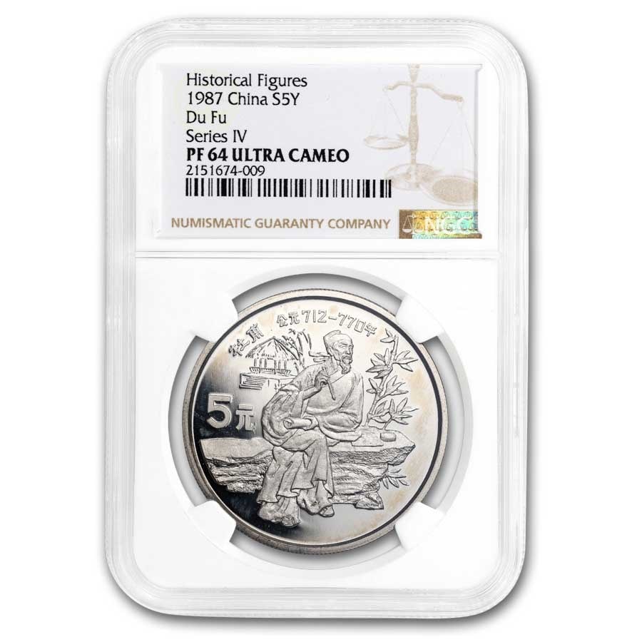 1987 China Silver 5 Yuan: 1987 China Silver 5 Yuan Du Fu PF-64 NGC SKU no: RBJ296056 Year: 1987 Grade: Proof - 64 Grade Service: NGC Denomination: 5 Yuan Mint Mark: Not Shown Metal Content: 0.643 troy oz
