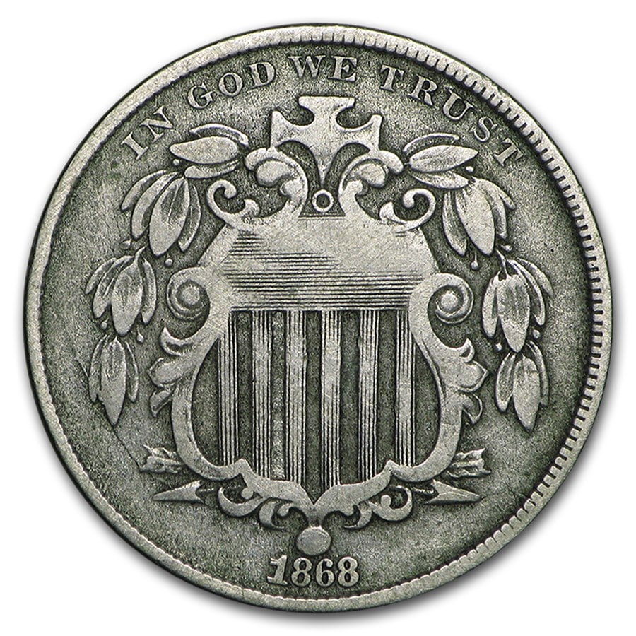 1868 Shield Nickel VF: 1868 Shield Nickel VF SKU no: RBJ16357 Year: 1868 Grade: Very Fine Grade Service: None Denomination: $0.05 Mint Mark: P - Philadelphia (Not Shown) Metal Content: 0 troy oz Purity