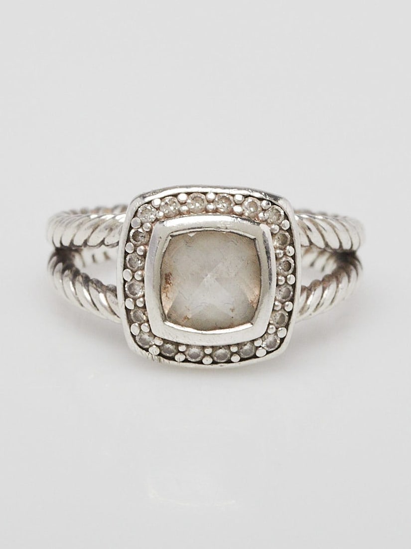 David Yurman 7mm White Topaz: David Yurman 7mm White Topaz and Diamond Petite Albion Ring Size 6 Overall Condition: Gently used Designer: David Yurman Material: 925 Sterling Silver, white topaz and diamonds Size: 6 Includes: Pouch