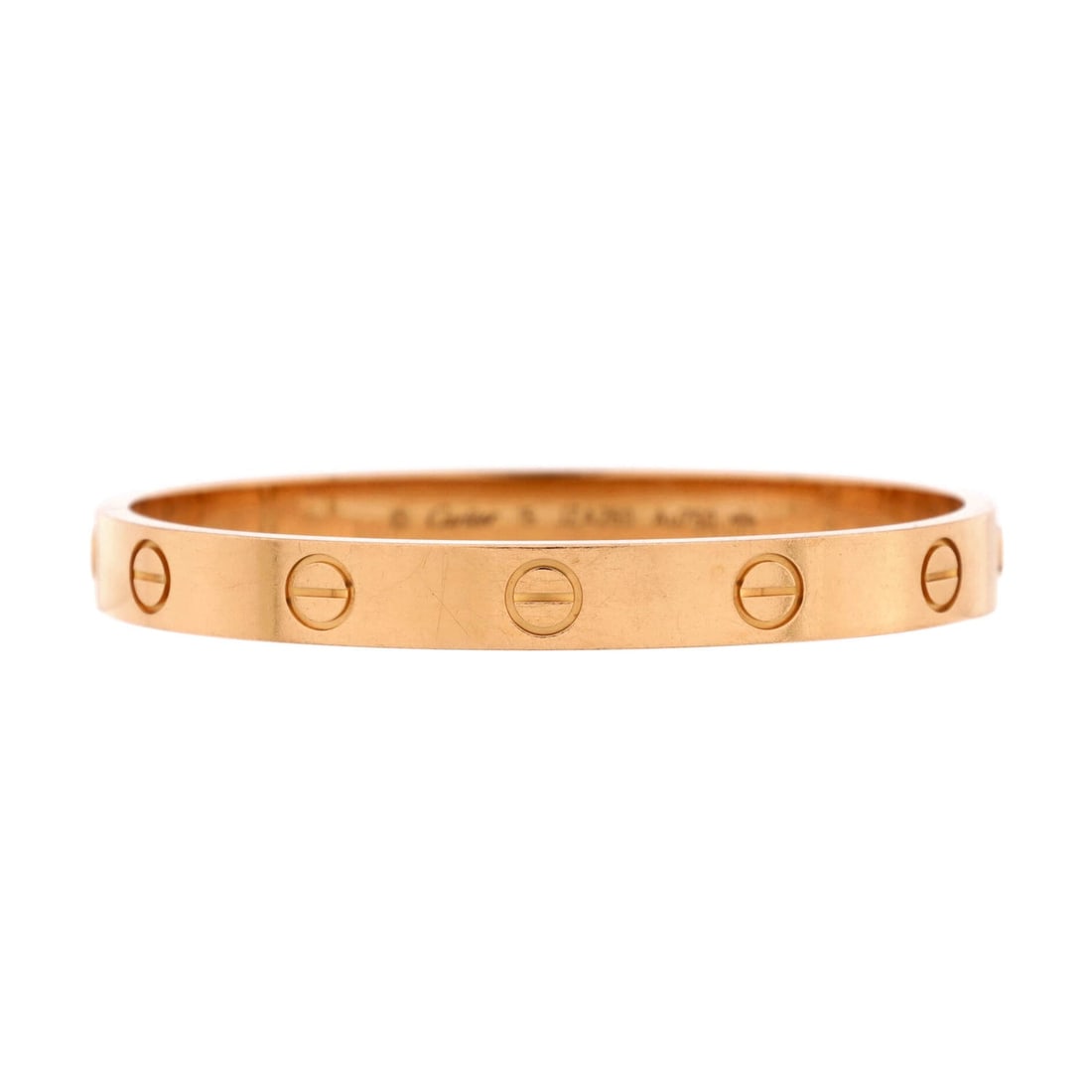 Cartier Love Bracelet 18K Rose: Cartier Love Bracelet 18K Rose Gold Metal Type: 18K Rose Gold Metal Finish: High Polish Hallmarks Type: 750, Designer Signature, Registered Trademark, Serial Number, Size Signature / Hallmark Location