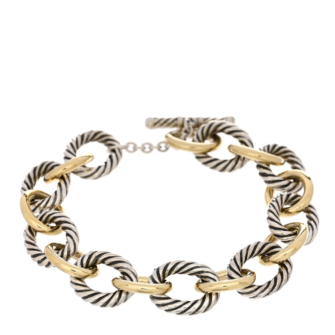 David Yurman Sterling Silver 18K: David Yurman Sterling Silver 18K Yellow Gold 12mm Medium Oval Link Toggle Bracelet Brand: DAVID YURMAN Condition: Very Good Condition Details: Hardware: Scratch(es) Circumference: 6.25 in Width: 12 mm