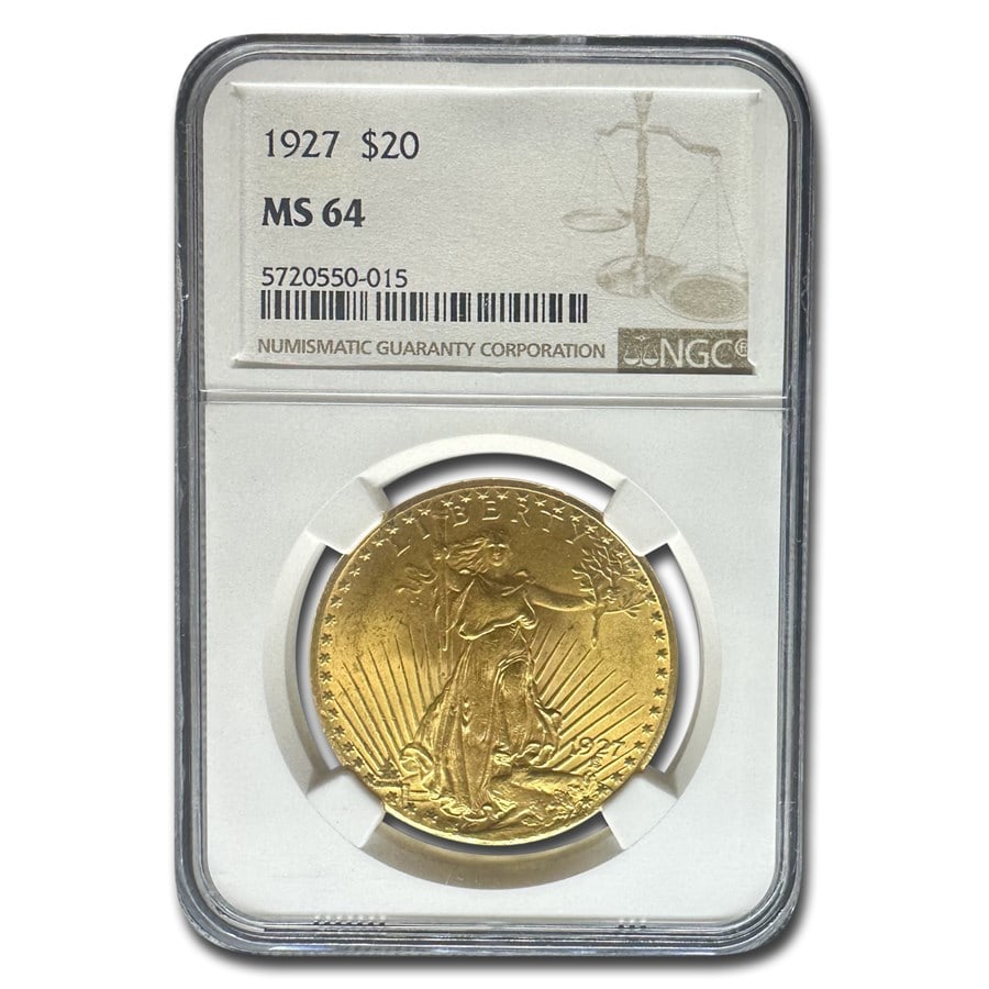 1927 $20 St Gaudens Gold Double: 1927 $20 St Gaudens Gold Double Eagle MS-64 NGC SKU no: RBJ11182 Year: 1927 Grade Service: NGC Denomination: 20 Dollars Metal Content: 0.9675 troy oz Purity: .900 Thickness: 2.41 mm <