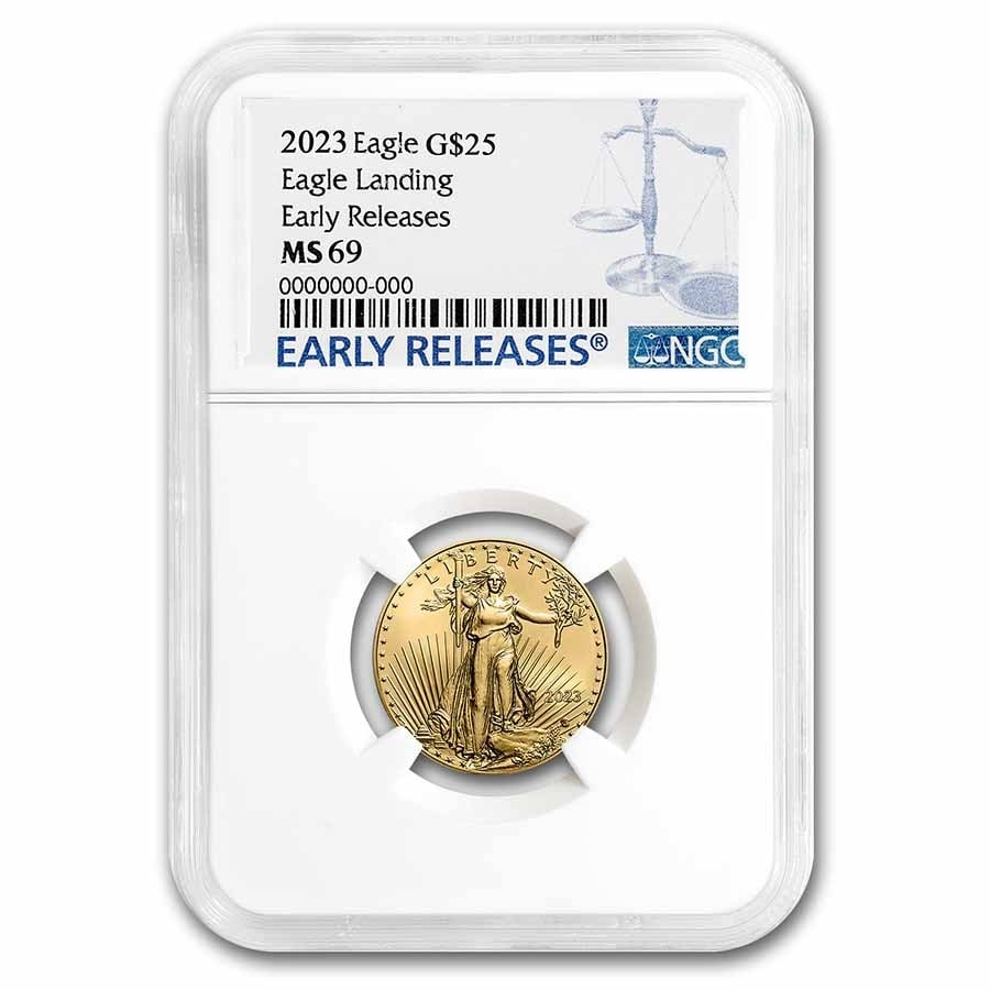 2023 1/2 oz American Gold: 2023 1/2 oz American Gold Eagle MS-69 NGC (Early Releases) SKU no: RBJ258692 Year: 2023 Grade: MS-69 Grade Service: NGC Denomination: 25 Dollars Mint Mark: W - West Point (Not Shown) Meta