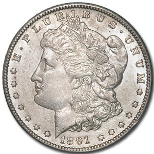 1891-CC Morgan Dollar BU Details: 1891-CC Morgan Dollar BU Details (Cleaned) SKU no: RBJ3417 Year: 1891 Grade: MS-60 Grade Service: None Denomination: 1 Dollar Mint Mark: CC - Carson City Metal Content: 0.7734 troy oz