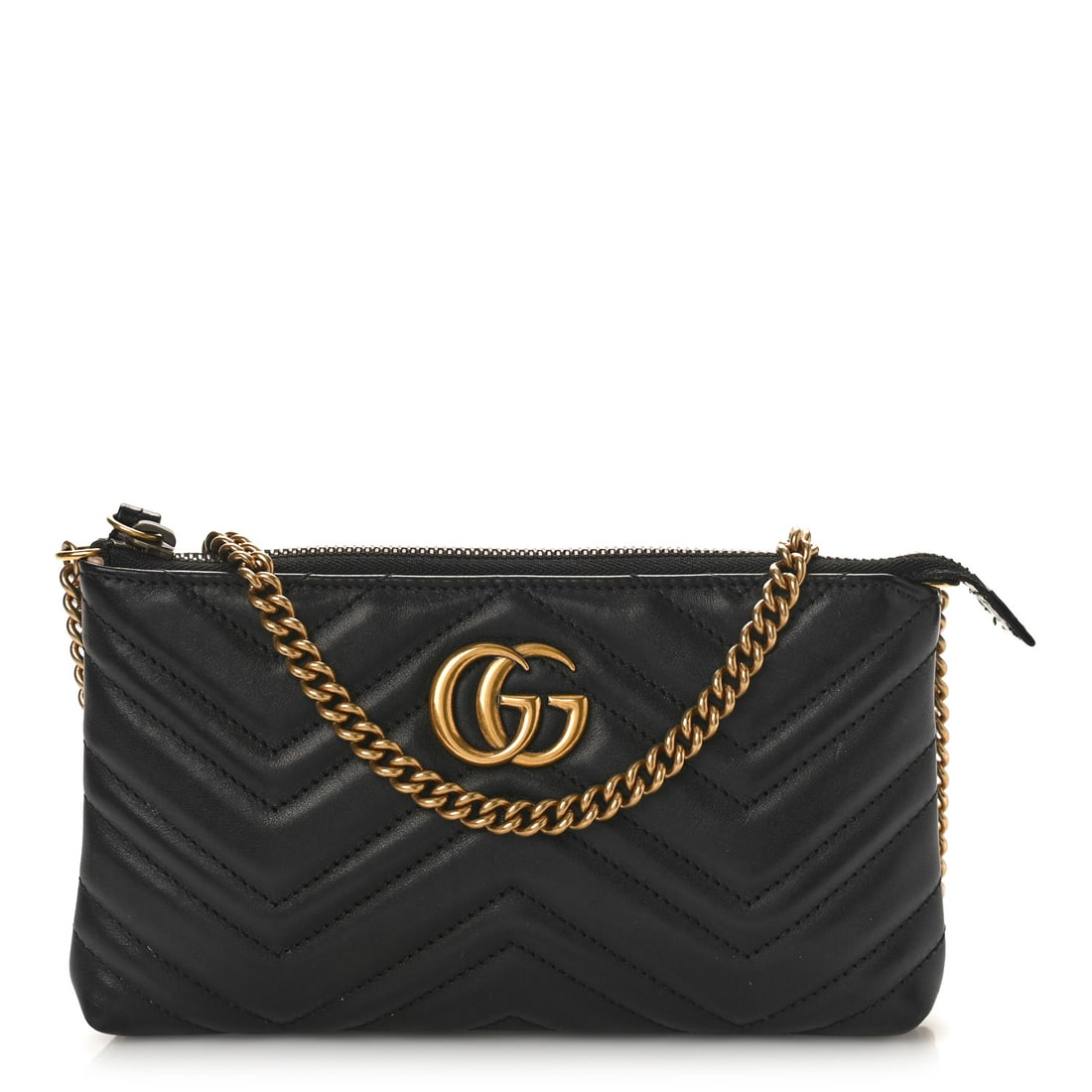 Gucci Calfskin Matelasse Mini GG: Gucci Calfskin Matelasse Mini GG Marmont Chain Bag Black Brand: GUCCI Condition: Shows Wear Condition Details: Exterior: Corner wear, faint scuffs, Hardware: Scratch(es), Interior: Marks, stain(s), Du