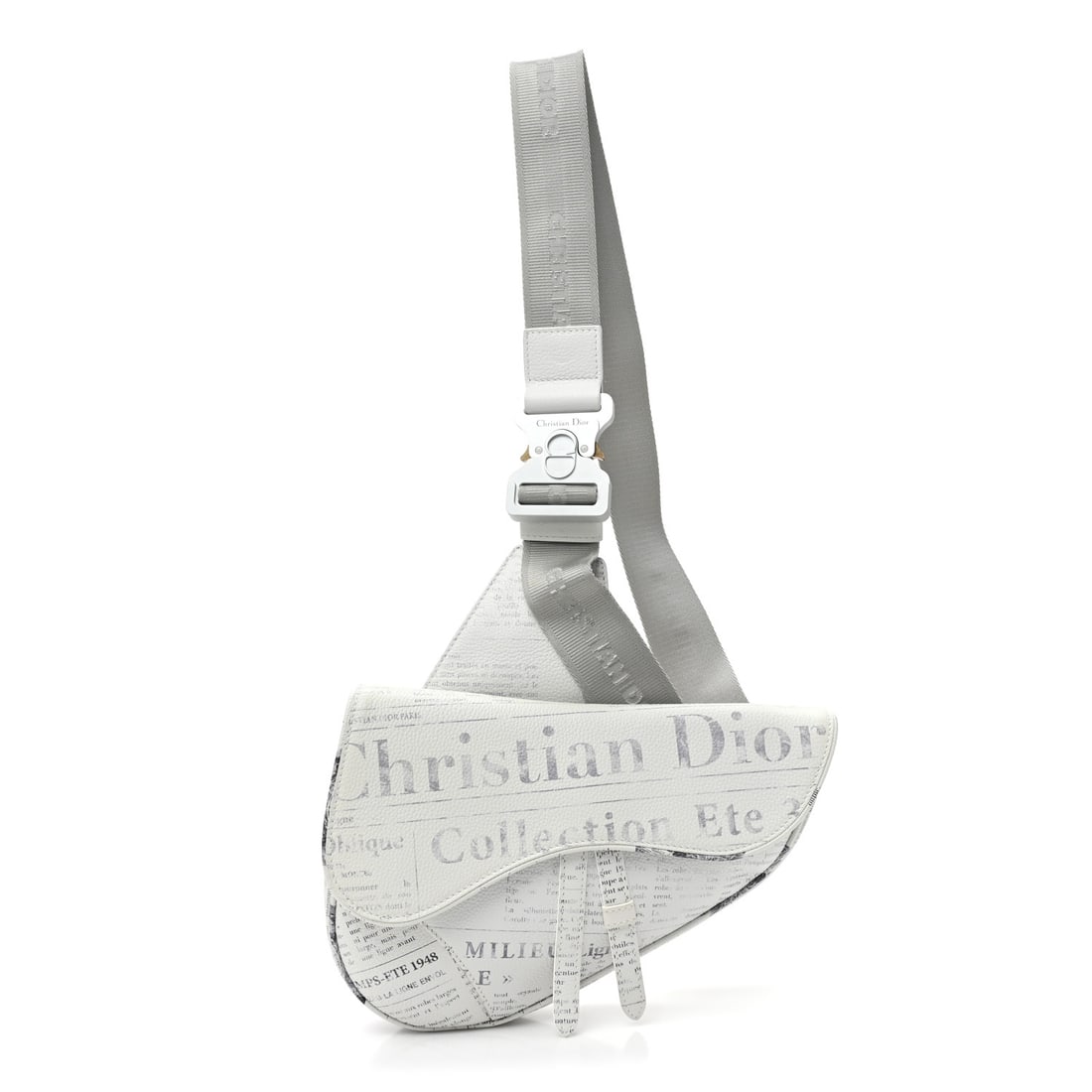 Christian Dior X Daniel Arsham: Christian Dior X Daniel Arsham Grained Calfskin Newspaper Print Saddle Bag White Brand: CHRISTIAN DIOR Condition: Excellent Condition Details: Hardware: Faint scratch(es), Box Longest length: 10.5 in