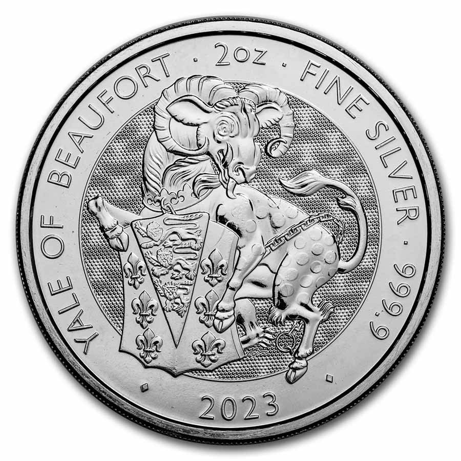 2023 GB 2 oz Ag: 2023 GB 2 oz Ag Royal Tudor Beasts Yale of Beaufort (Milk Spots) SKU no: RBJ262736 Year: 2023 Grade: Brilliant Unc Grade Service: None Denomination: 5 Pounds Mint Mark: Not Shown Metal Co