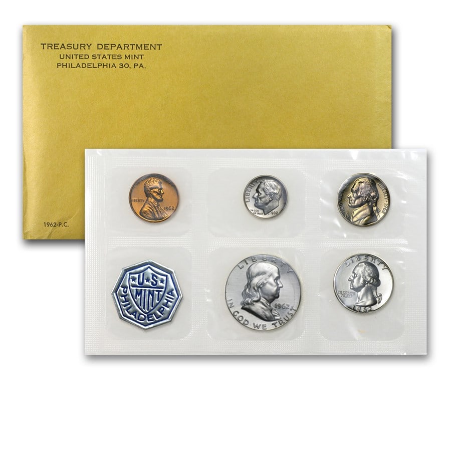 1962 U.S. Proof Set: 1962 U.S. Proof Set SKU no: RBJ1140 Year: 1962 Grade: Proof Grade Service: None Denomination: Varies Mint Mark: P - Philadelphia (Not Shown) Metal Content: 0.6148 troy oz Purity: