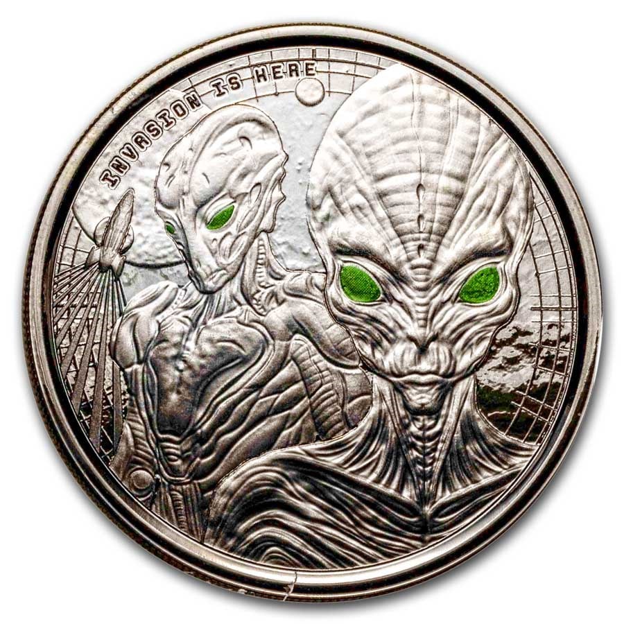 2023 Ghana 1 oz Silver: 2023 Ghana 1 oz Silver 20 Cedi Space Alien Black Rhodium SKU no: RBJ292352 Year: 2023 Grade: Proof Grade Service: None Denomination: 20 Cedis Mint Mark: Not Shown Metal Content: 1 troy oz