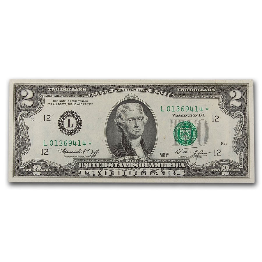1976* (L-San Francisco) $2.00 FRN: 1976* (L-San Francisco) $2.00 FRN CU (Fr#1935-L*) Star Note SKU no: RBJ228182 Year: 1976 Grade: (U) Crisp Unc Grade Service: None Denomination: 2 Dollars Mint Mark: L - San Francisco Meta