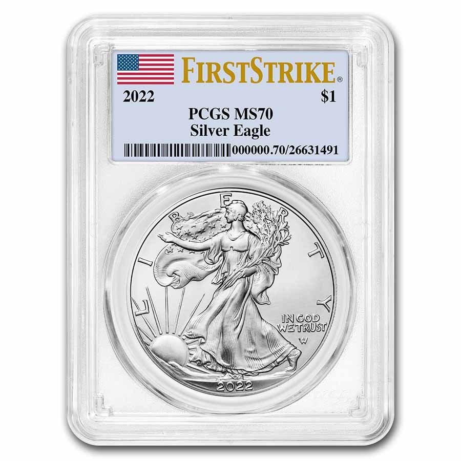 2022 American Silver Eagle MS-70: 2022 American Silver Eagle MS-70 PCGS (FirstStrike) SKU no: RBJ240693 Year: 2022 Grade: MS-70 Grade Service: PCGS Denomination: 1 Dollar Mint Mark: Not Shown Metal Content: 1 troy oz