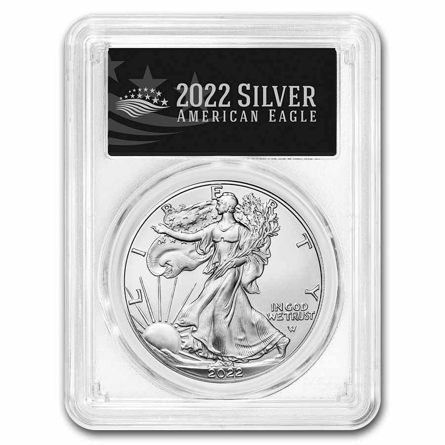 2022 American Silver Eagle MS-70: 2022 American Silver Eagle MS-70 PCGS (FDI, Black Label) SKU no: RBJ240690 Year: 2022 Grade: MS-70 Grade Service: PCGS Denomination: 1 Dollar Mint Mark: Not Shown Metal Content: 1 troy oz