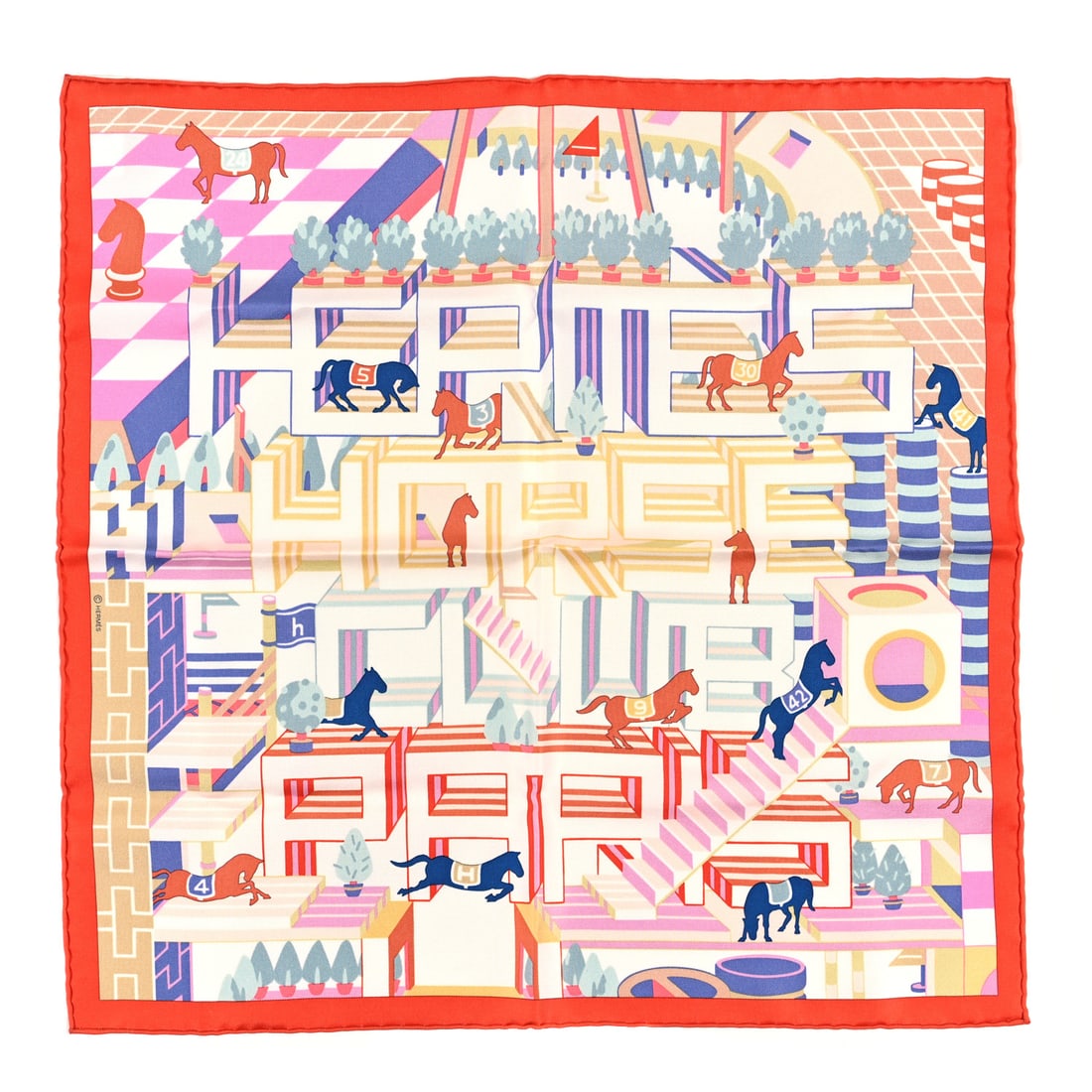 Hermes Silk Horse Club Detail: Hermes Silk Horse Club Detail Scarf 45 Corail Rose Bleu Brand: HERMES Condition: Giftable Condition Details: Box, Retail tags attached Length: 18 in Height: 18 in SKU no: RBJ1485942 , Box