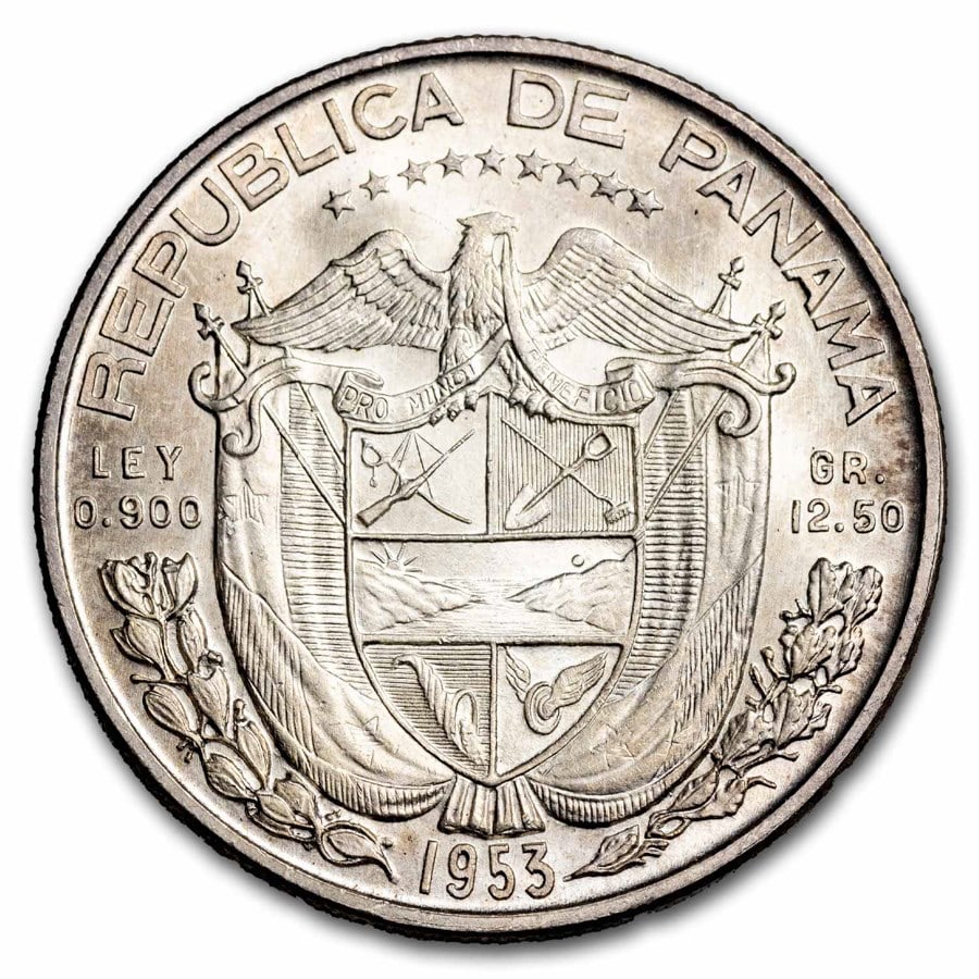 1953 Panama Silver 1/2 Balboa: 1953 Panama Silver 1/2 Balboa BU SKU no: RBJ283076 Year: 1953 Grade: Brilliant Unc Grade Service: None Denomination: 1/2 Balboa Mint Mark: N/A - Not Available Metal Content: 0.3617 troy o