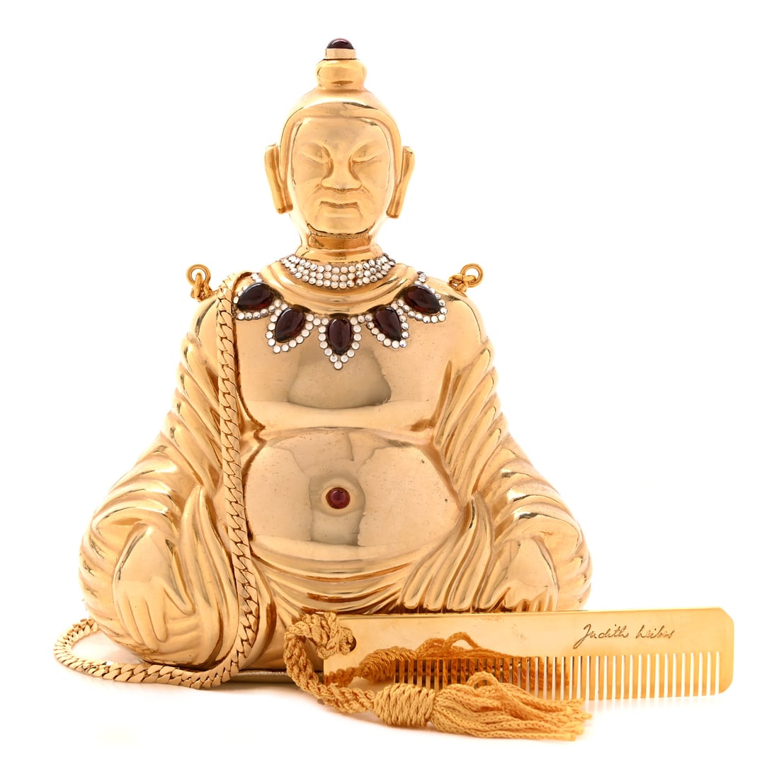 Judith Leiber Crystal Ruby Buddha: Judith Leiber Crystal Ruby Buddha Minaudiere Clutch Gold Brand: JUDITH LEIBER Condition: Very Good Condition Details: Exterior: Glue residue, marks, Interior: Creases, scuffs, marks, Hardware: Scratch