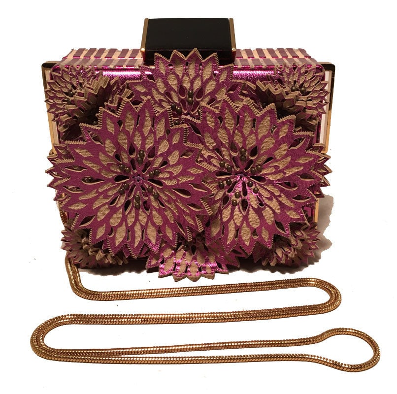 Tonya Hawkes Purple Floral Leather: Tonya Hawkes Purple Floral Leather Cut Out Box Evening Shoulder Bag Tonya Hawkes Purple Floral Leather Cut Out Box Evening Shoulder Bag in excellent condition. Metallic purple leather with striped pur