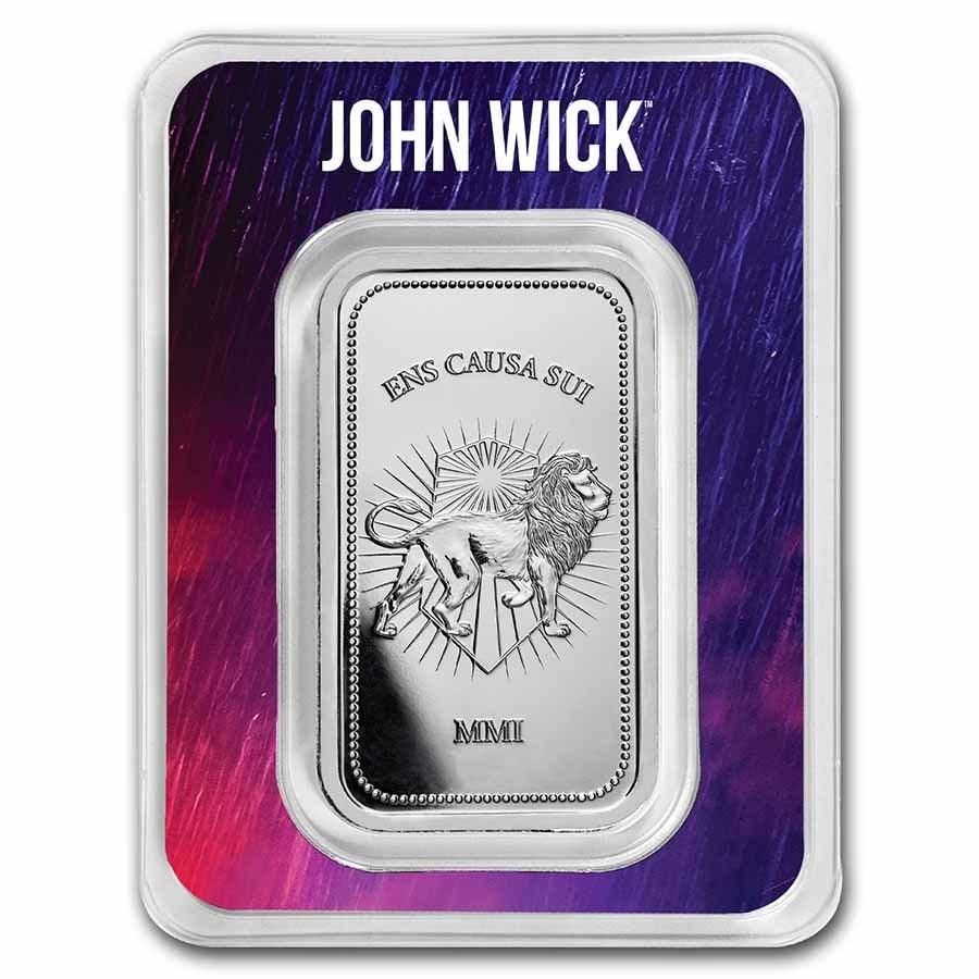 John Wick 1 oz Silver: John Wick 1 oz Silver Continental Bar (TEP) SKU no: RBJ257124 Grade: None Grade Service: Other Mint Mark: N/A - Not Available Metal Content: 1 troy oz Purity: .999 Diameter: 39 mm