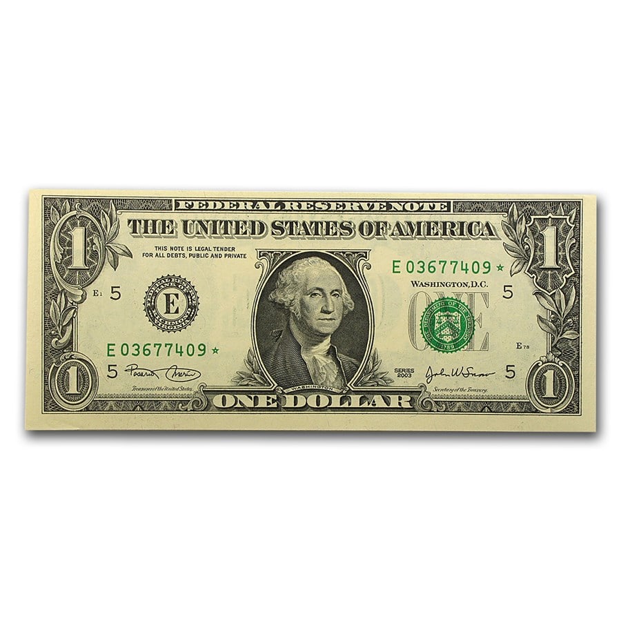 2003* (E-Richmond) $1.00 FRN CU: 2003* (E-Richmond) $1.00 FRN CU (Fr#1928-E*) Star Note SKU no: RBJ18320 Year: 2003 Grade: (U) Crisp Unc Grade Service: None Denomination: 1 Dollar Mint Mark: E - Richmond Metal Content: 0