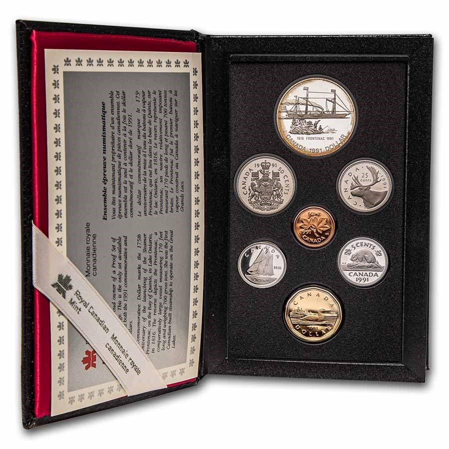 1991 Canada 7-Coin Double Dollar: 1991 Canada 7-Coin Double Dollar Proof Set SKU no: RBJ27369 Year: 1991 Grade: Proof Grade Service: Other Denomination: $0.01 - $1.00 Mint Mark: RCM (Not Shown) Metal Content: 0.375 troy o