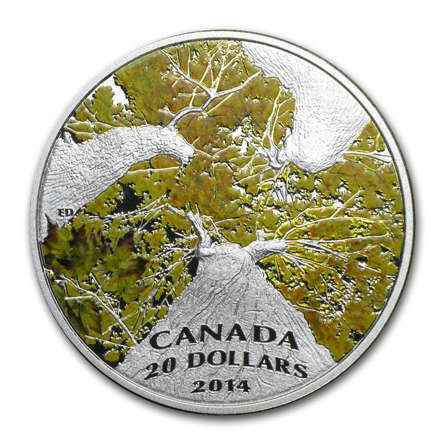 2014 Canada 1 oz Silver $20: 2014 Canada 1 oz Silver $20 Maple Canopy Autumn Allure SKU no: RBJ84491 Year: 2014 Grade: Proof Grade Service: None Denomination: 20 Dollars Mint Mark: RCM (Not Shown) Metal Content: 1 tr