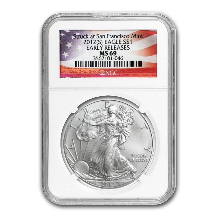 2012 (S) American Silver Eagle: 2012 (S) American Silver Eagle MS-69 NGC (ER) SKU no: RBJ79260 Year: 2012 Grade Service: NGC Denomination: $1.00 Dollar Metal Content: 1 troy oz Purity: .999 Thickness: 2.98 mm D