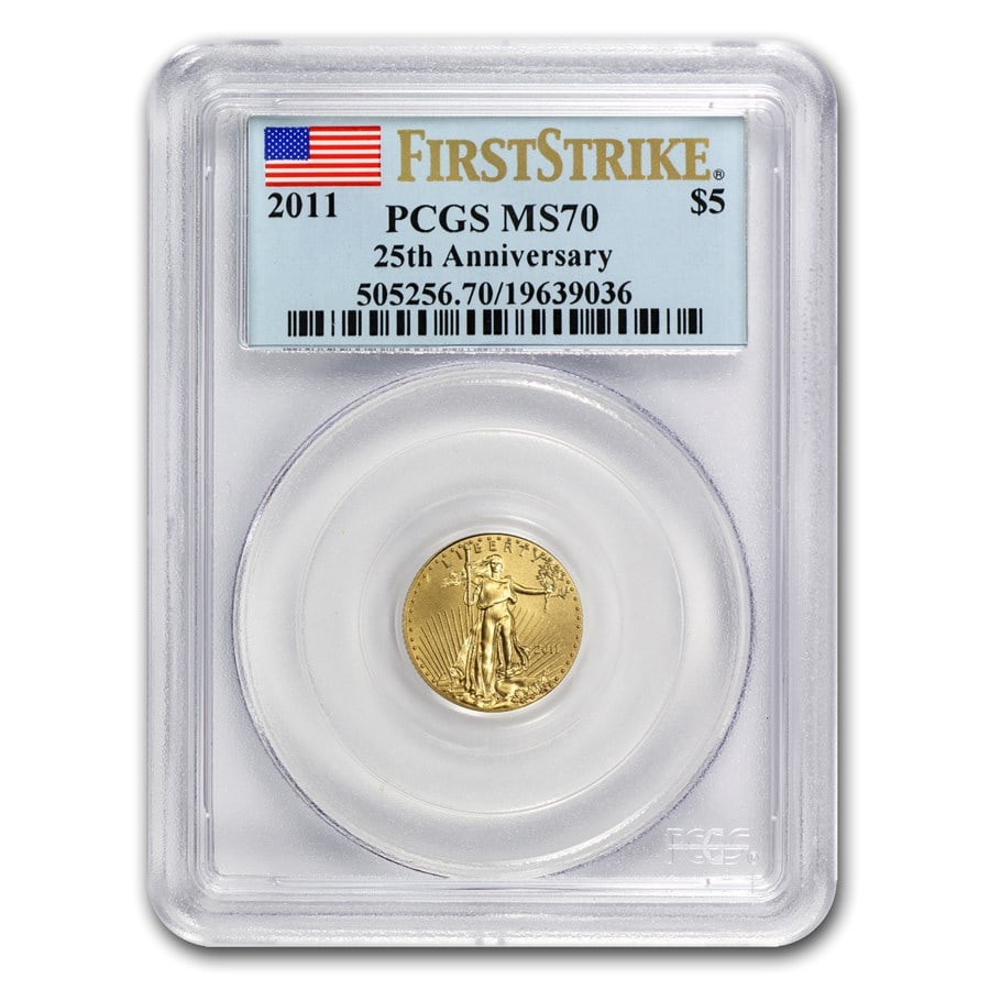 2011 1/10 oz American Gold: 2011 1/10 oz American Gold Eagle MS-70 PCGS (25th Anniversary FS) SKU no: RBJ61141 Year: 2011 Grade: MS-70 Grade Service: PCGS Denomination: 5 Dollars Mint Mark: W - West Point (Not Shown)